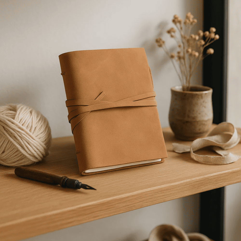 Suede leather journal on desk
