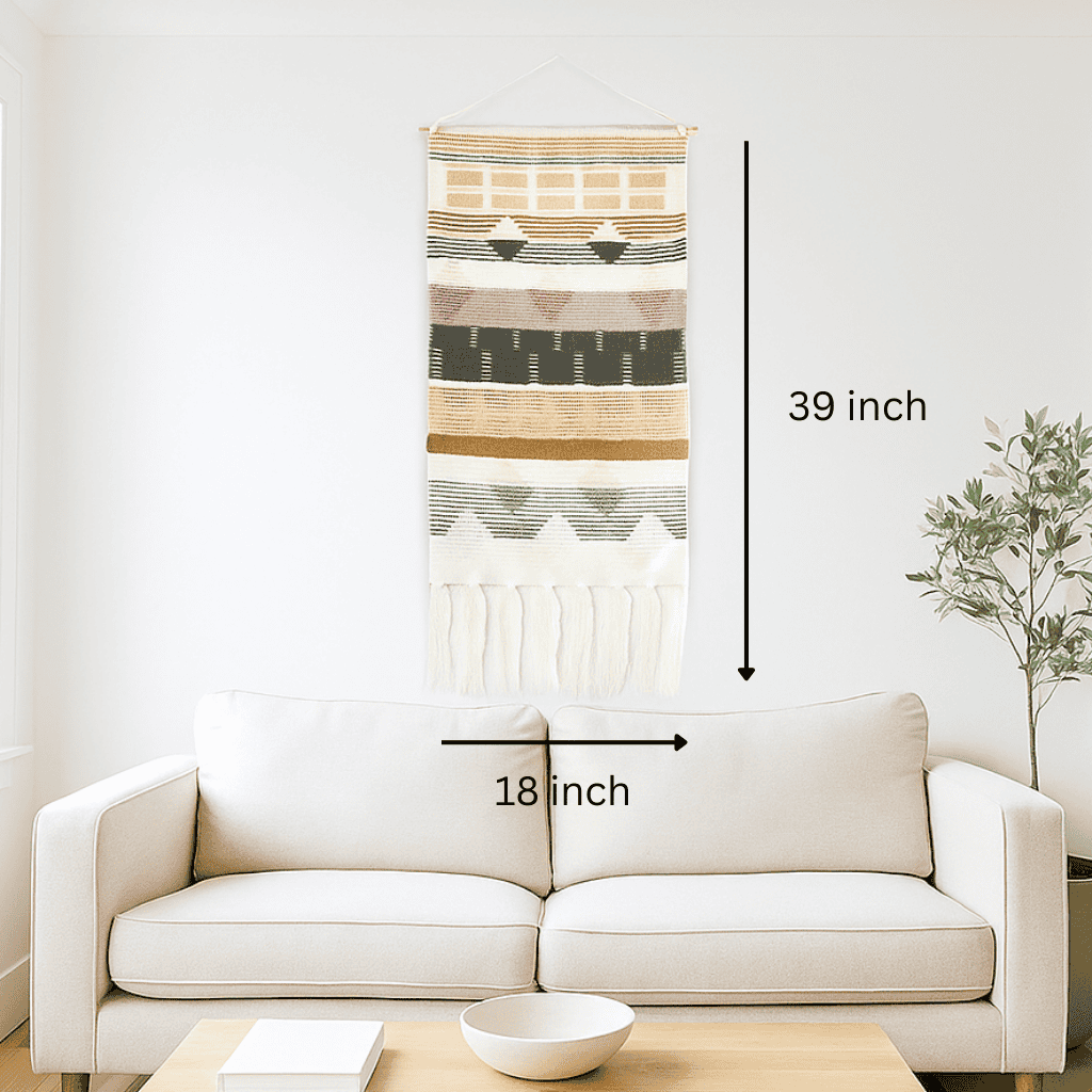 Wool tapestry wall hanging on a plain wall
