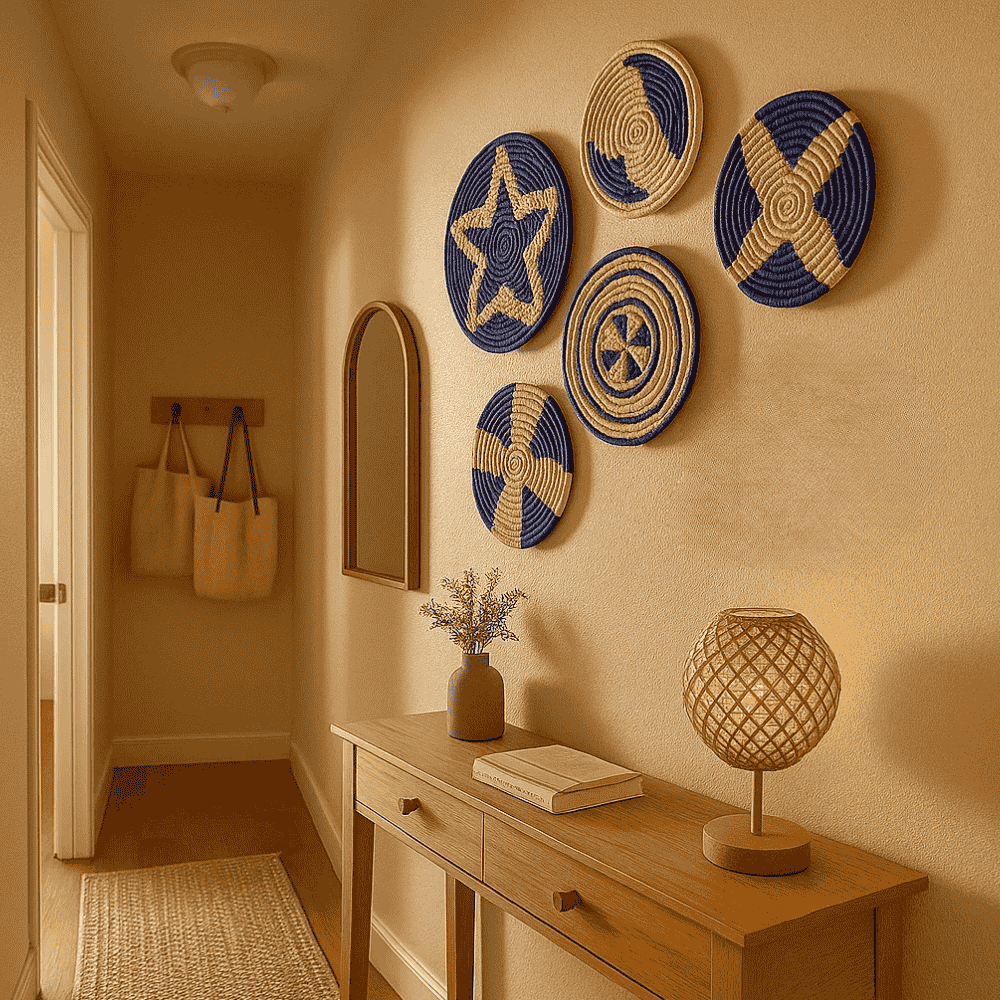 Indigo sabai grass wall plates on a pale wall
