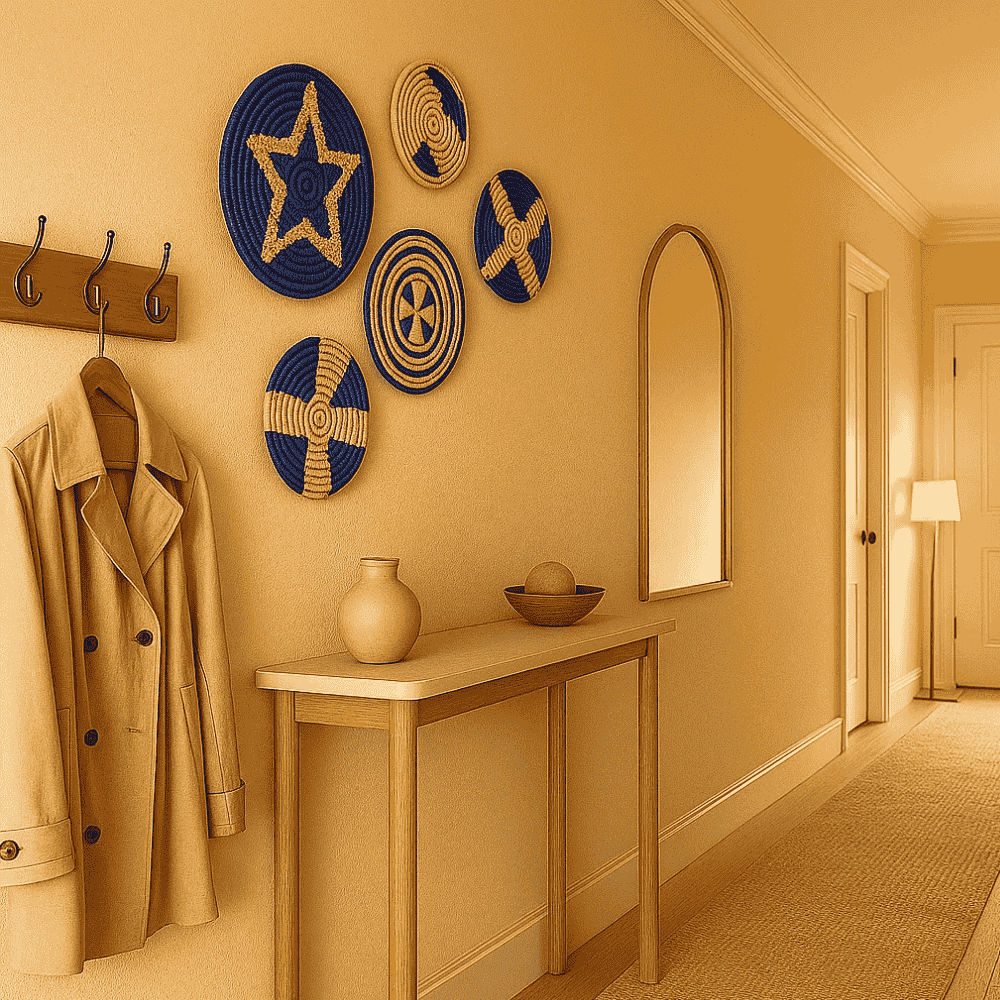 Indigo sabai grass wall plates in a boho hallway