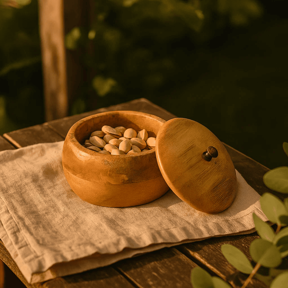 Wooden bowl with lid open