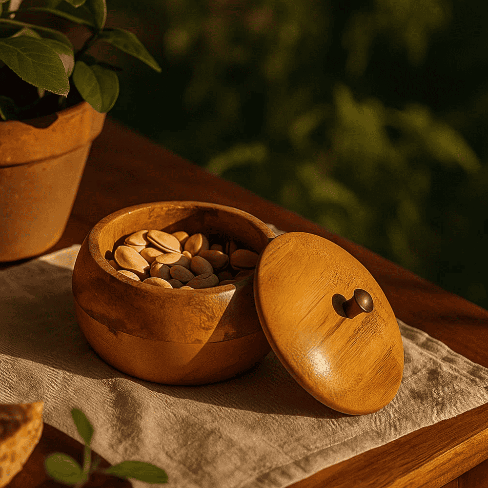 Wooden bowl with lid side view