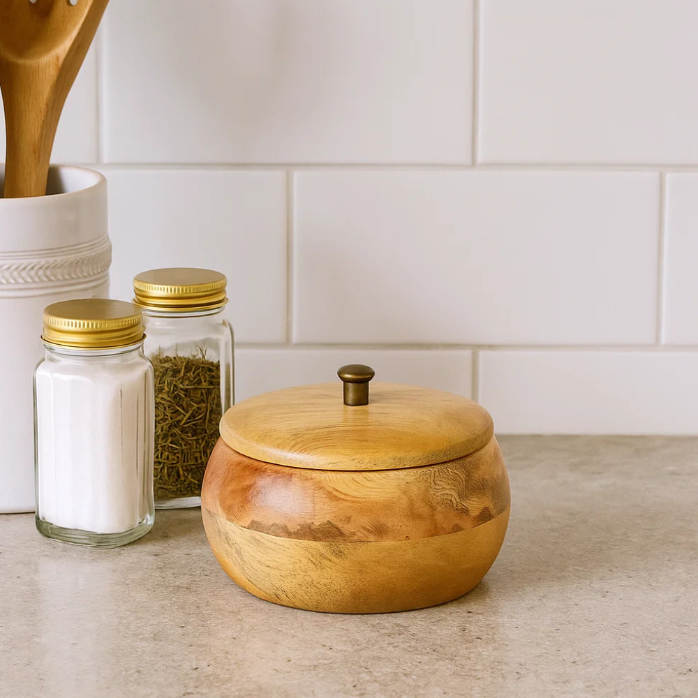 Wooden bowl with lid at an angle