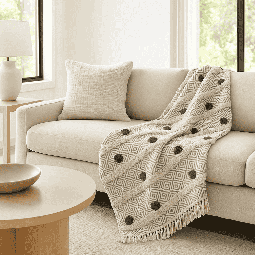 Pom pom throw blanket on a sofa