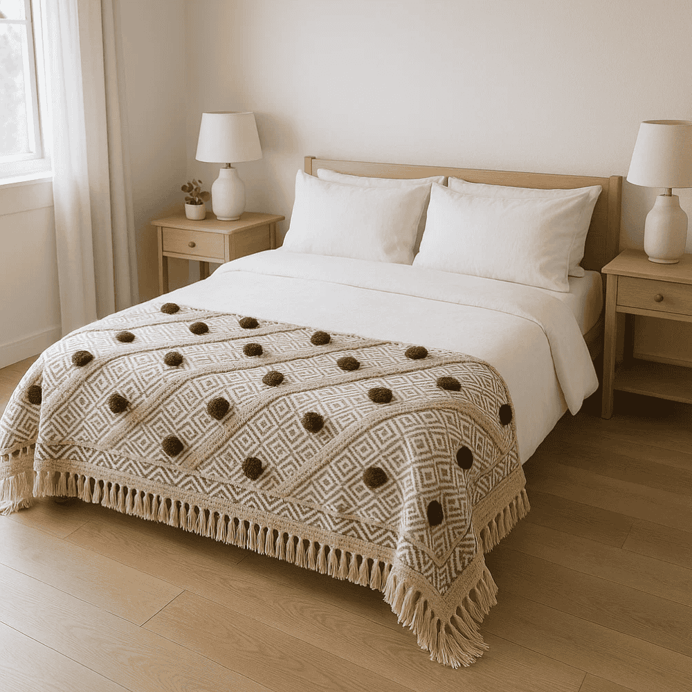 Pom pom throw blanket draped over a chair