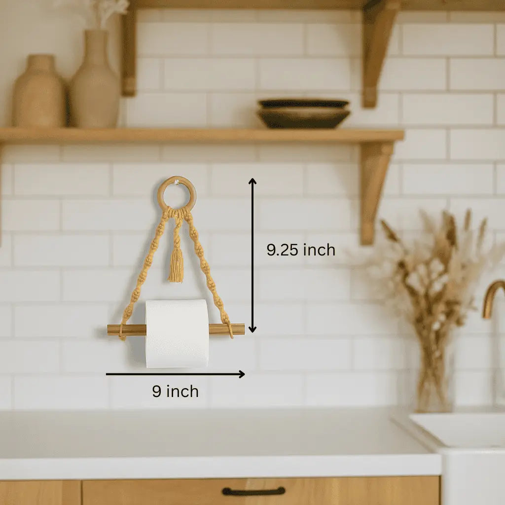 Mustard macrame toilet roll holder measurements diagram