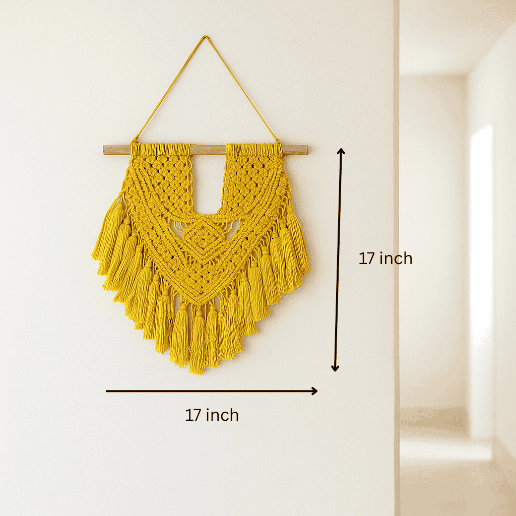 Mustard macrame wall hanging detail of tasseled bottom