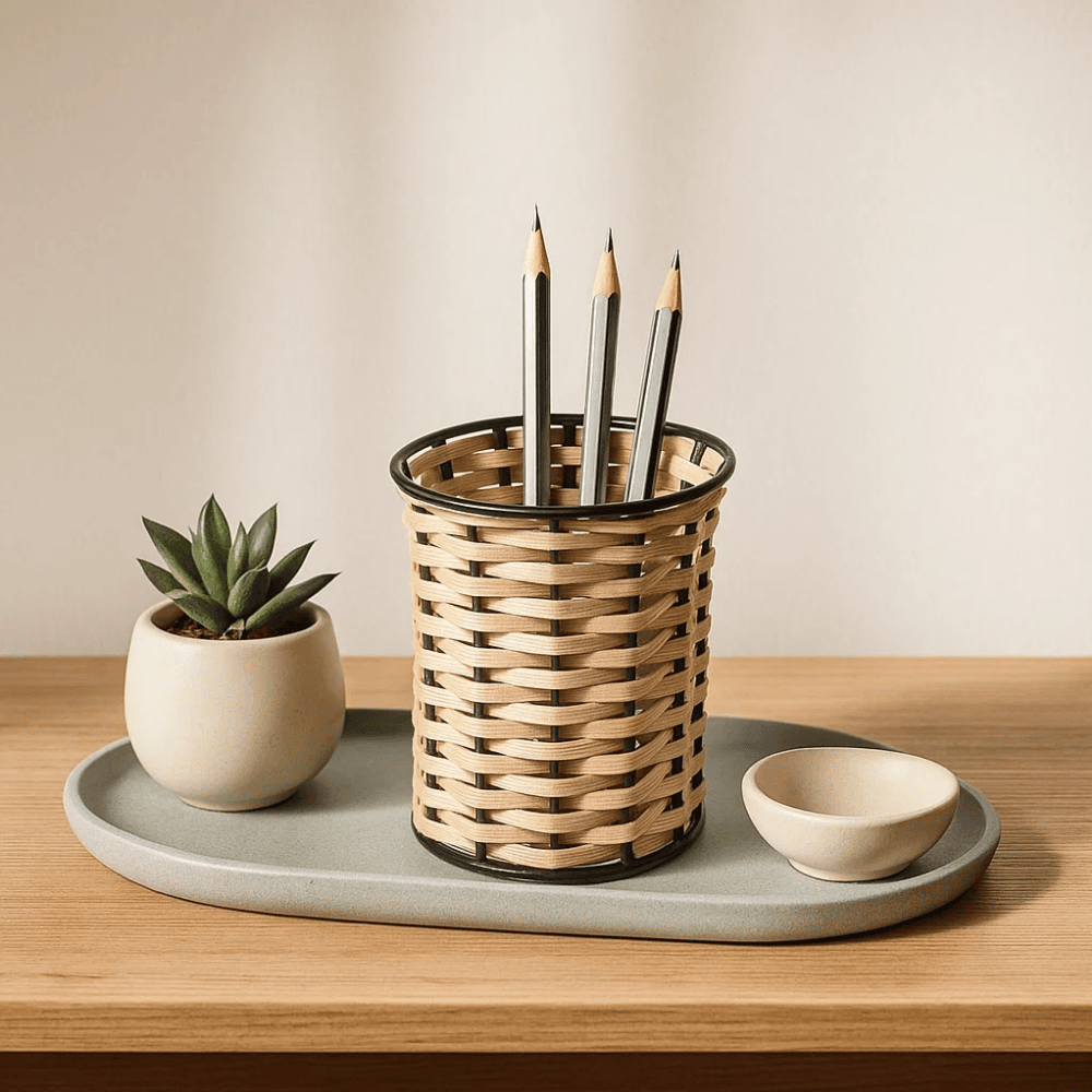 Cane pen stand with pens inside