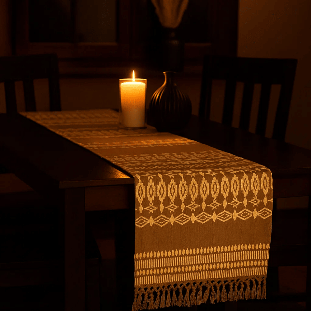 Embroidered cotton table runner styled on a dining table