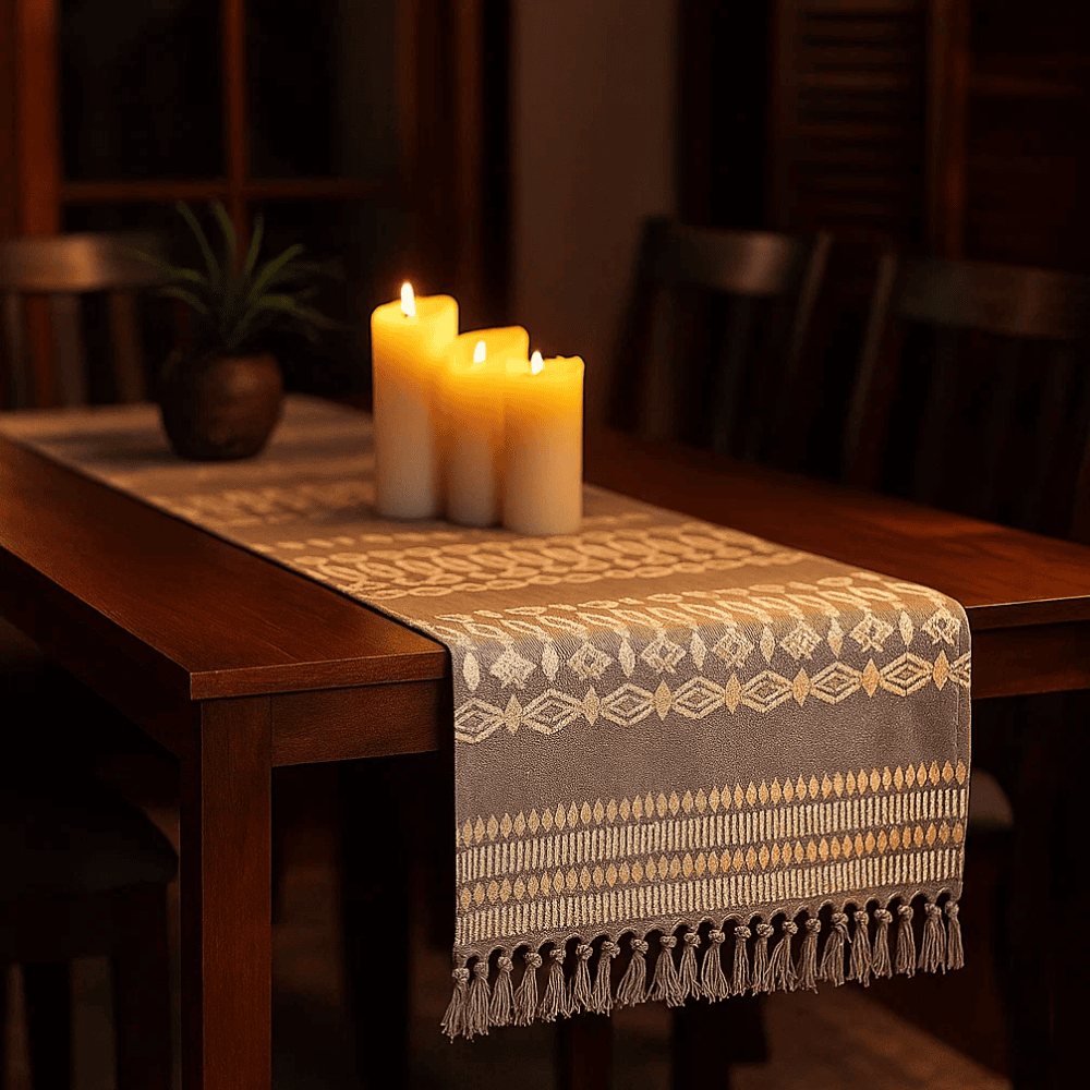 Embroidered cotton table runner stitch detail