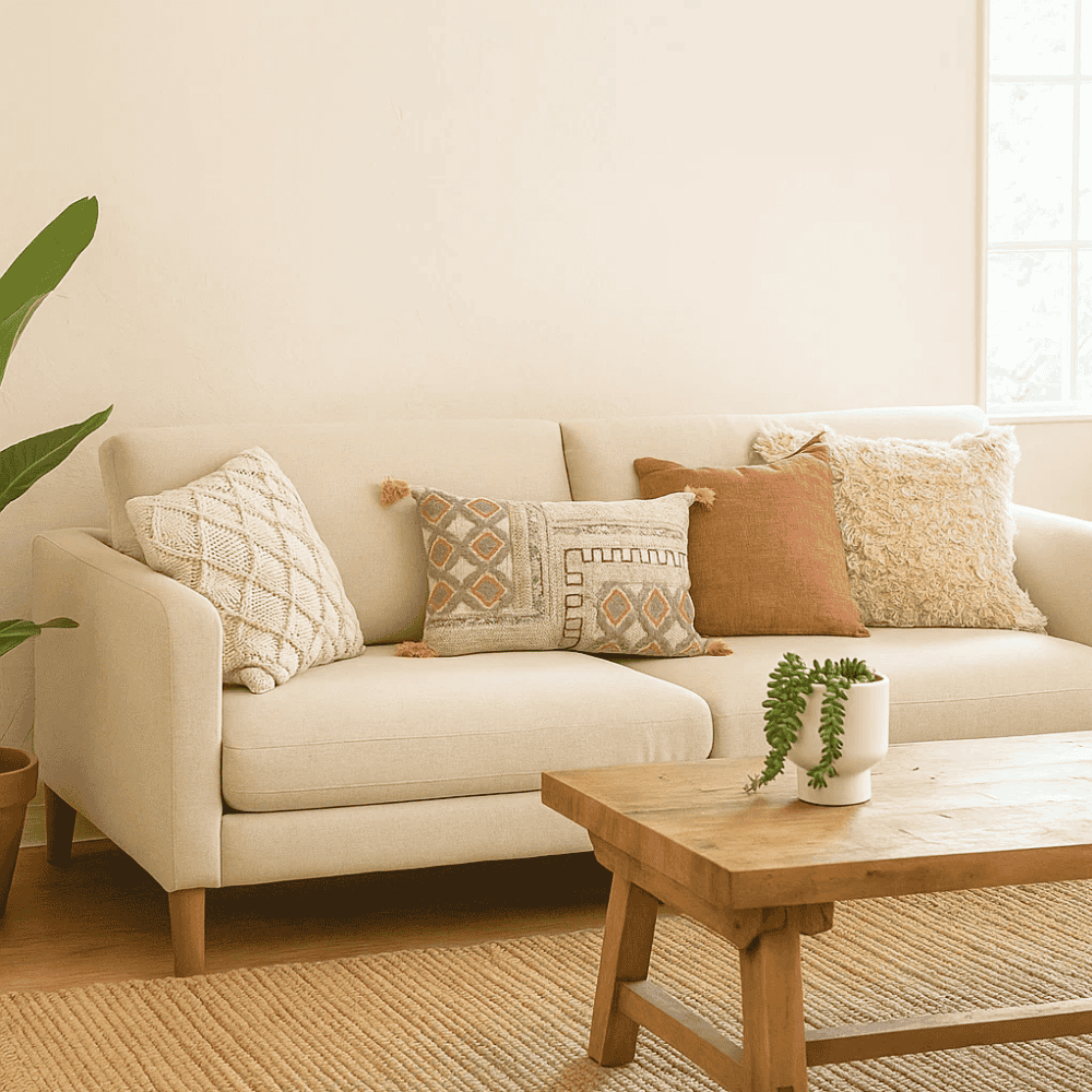 Printed embroidered lumbar cushion cover close-up of layered design