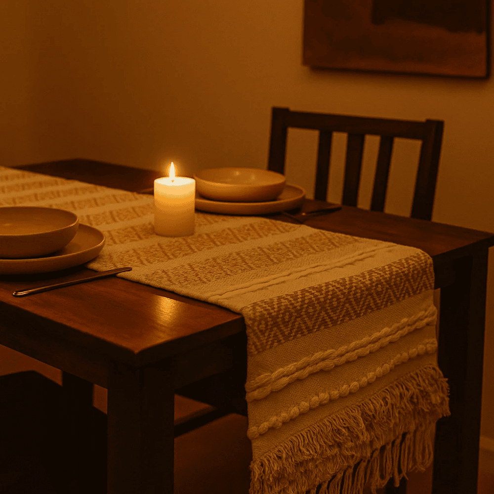 Brown table runner styled on a dining table