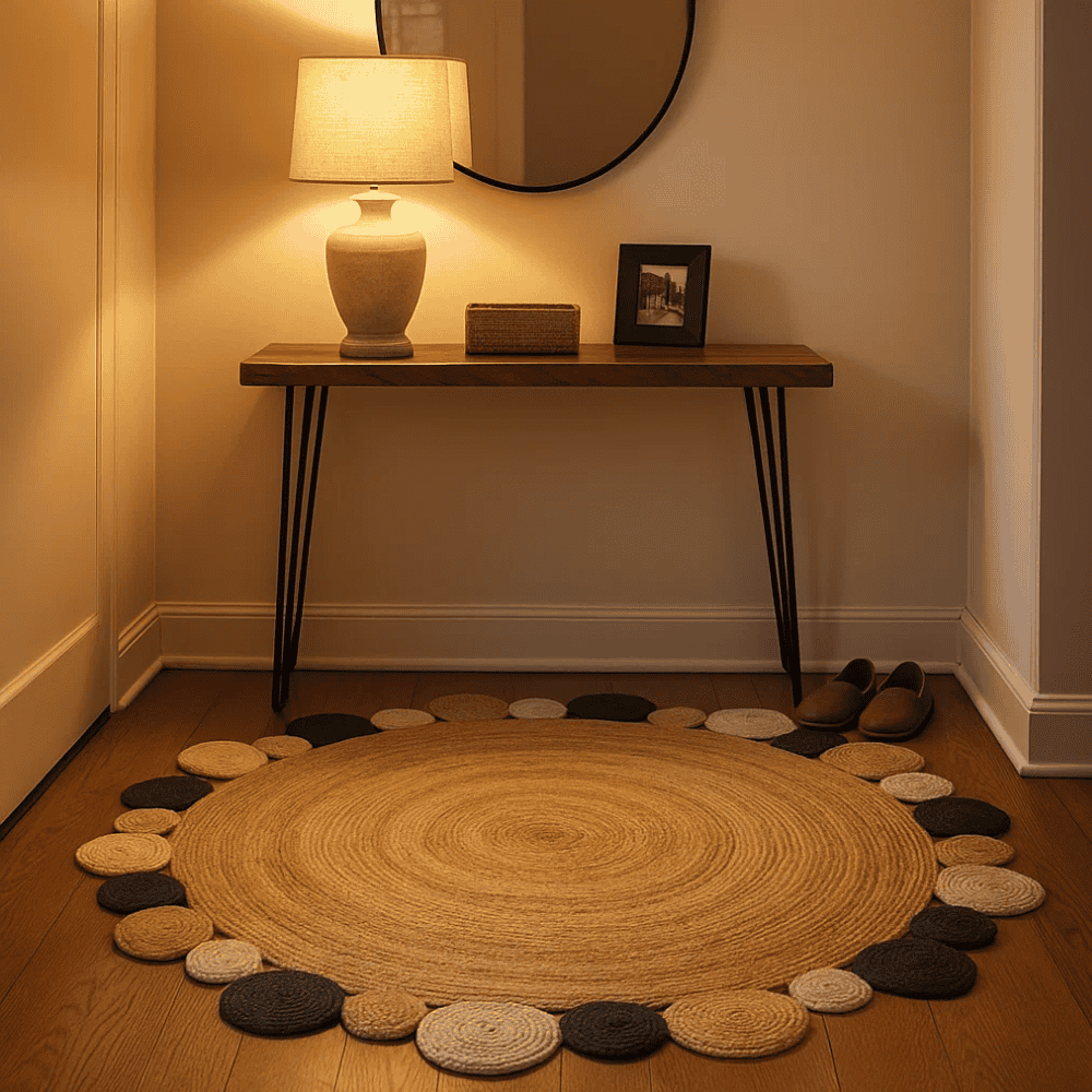 Round jute rug styled on a floor