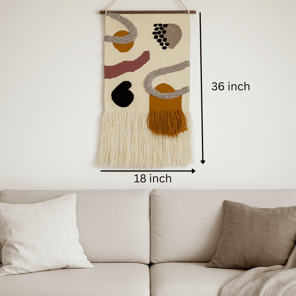 Layered fringe wool wall hanging in a boho room