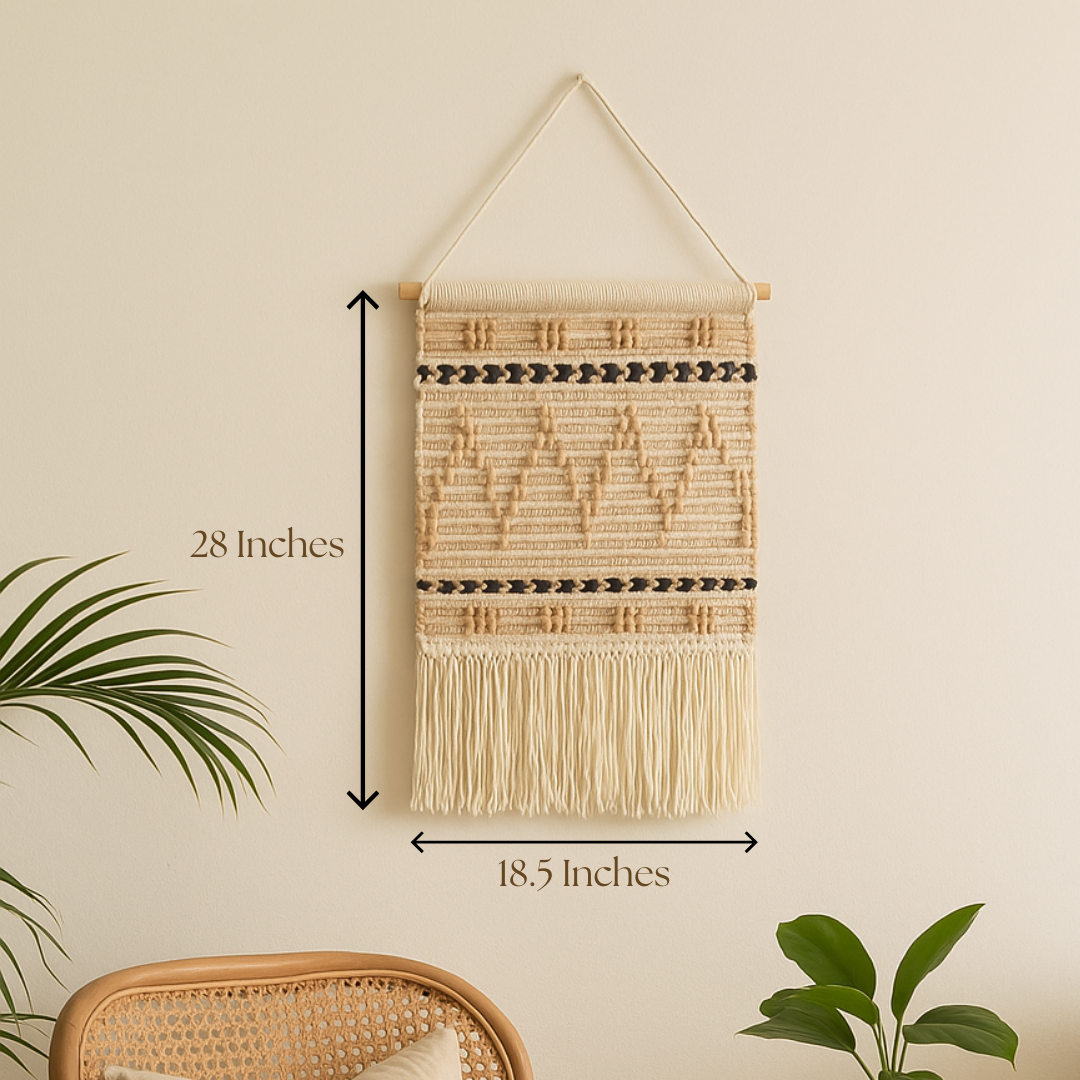 Sandy chevron wall hanging styled for bedroom or living room