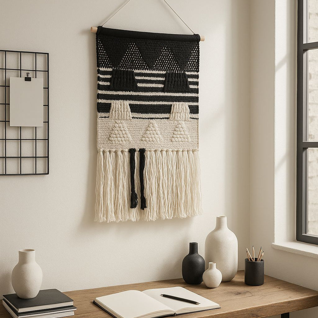 Small monochrome cotton wall hanging close-up showing woven black and cream stripes