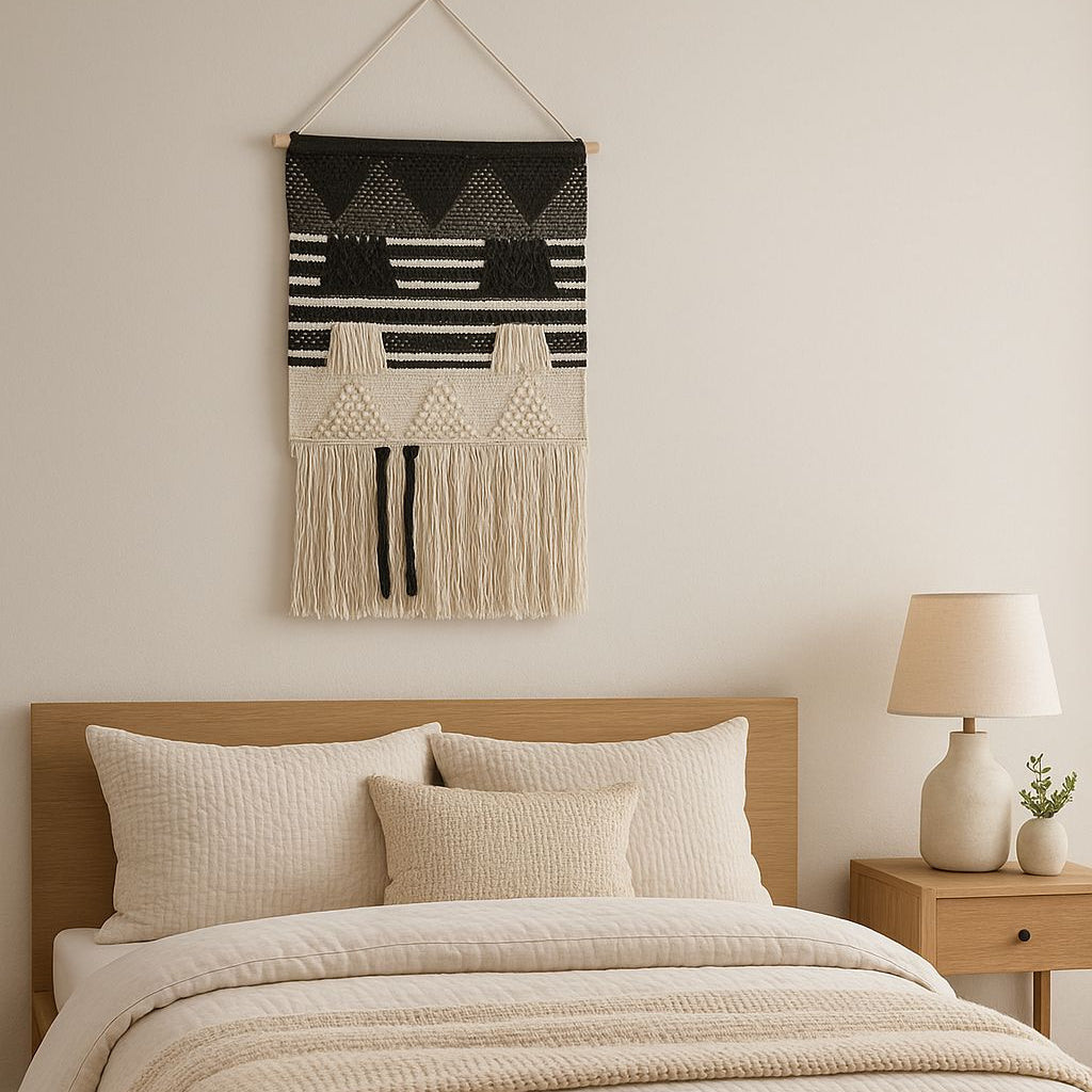Small monochrome cotton wall hanging shown at an angle for depth