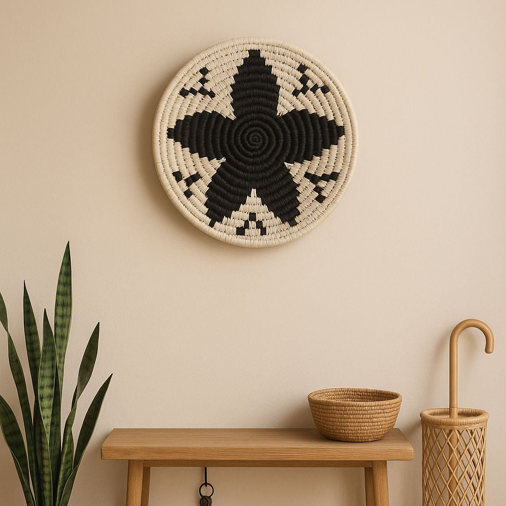 Black and white floral wall plate front view of full round shape