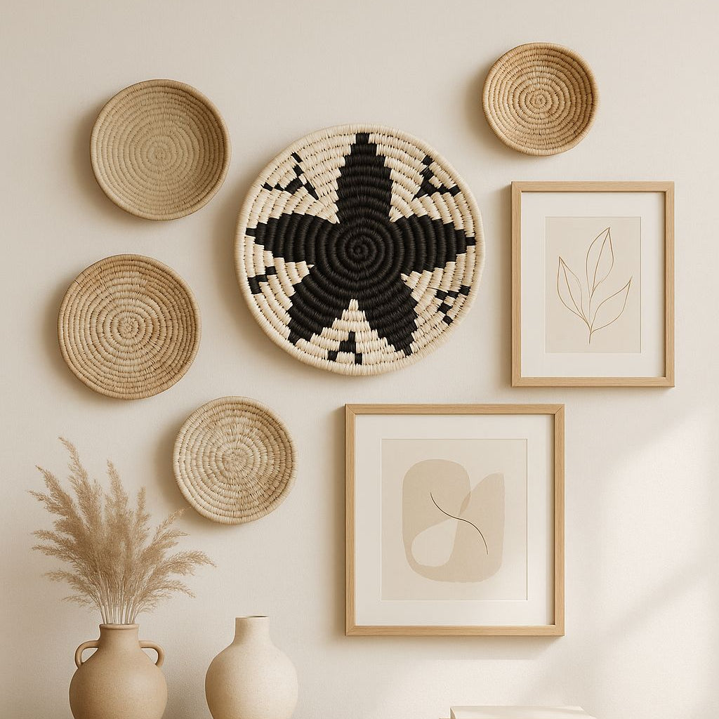 Black and white floral wall plate as tribal boho decor for gallery wall