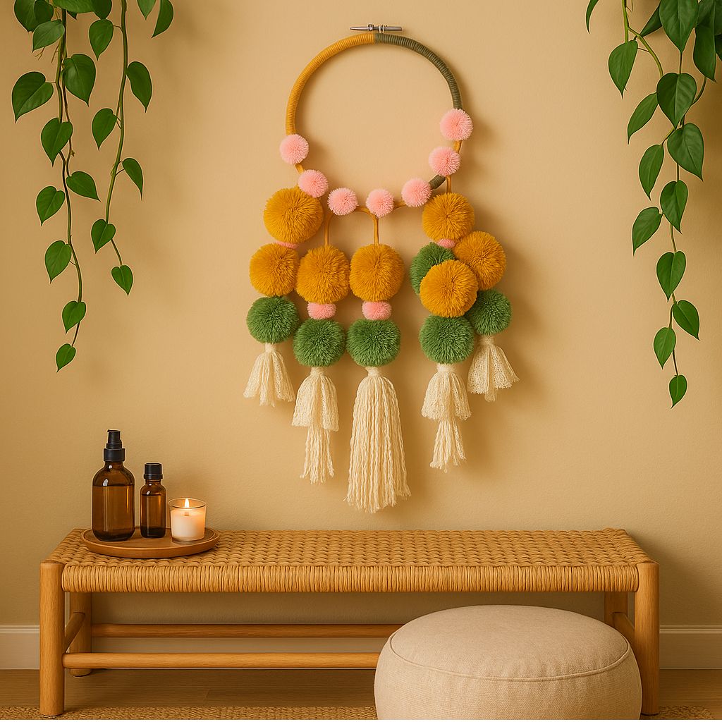Tasseled boho dreamcatcher detail of hand-tied tassels