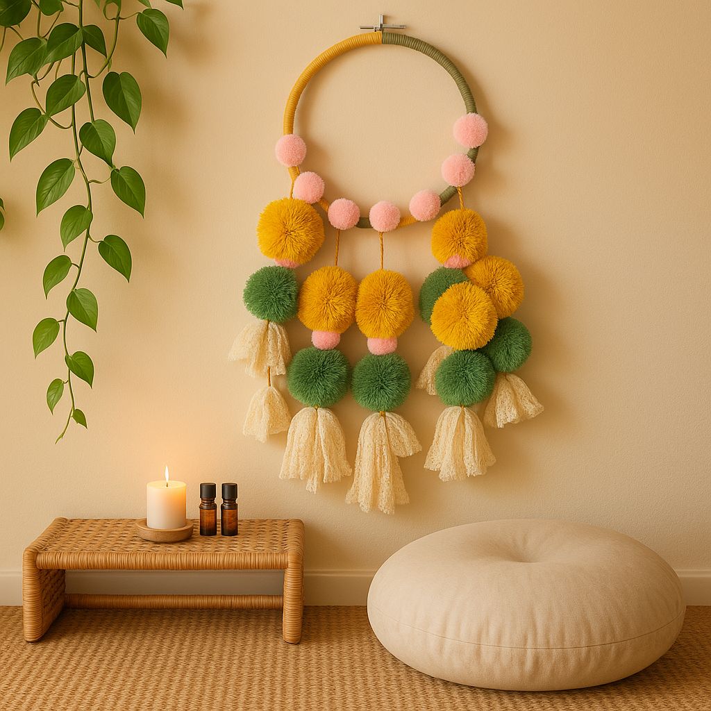 Tasseled boho dreamcatcher shown at an angle