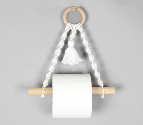 Cotton Macrame & Wood Hanging Toilet Roll Holder detail 5
