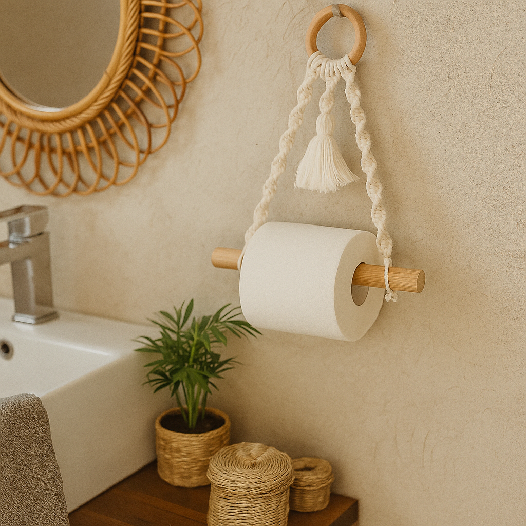 Cotton Macrame & Wood Hanging Toilet Roll Holder by Gleemium