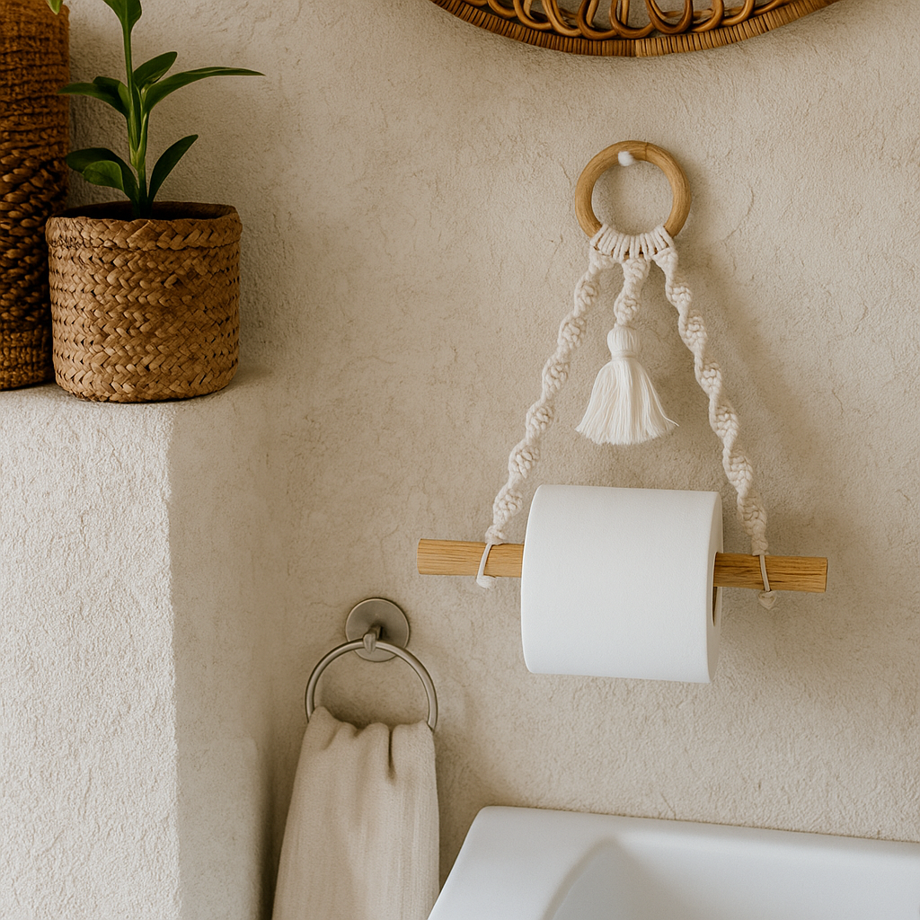 Close-up detail of the cotton macrame & wood hanging toilet roll holder