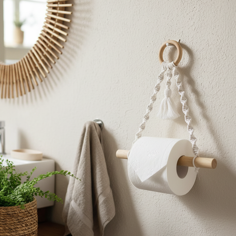 Cotton Macrame & Wood Hanging Toilet Roll Holder side view