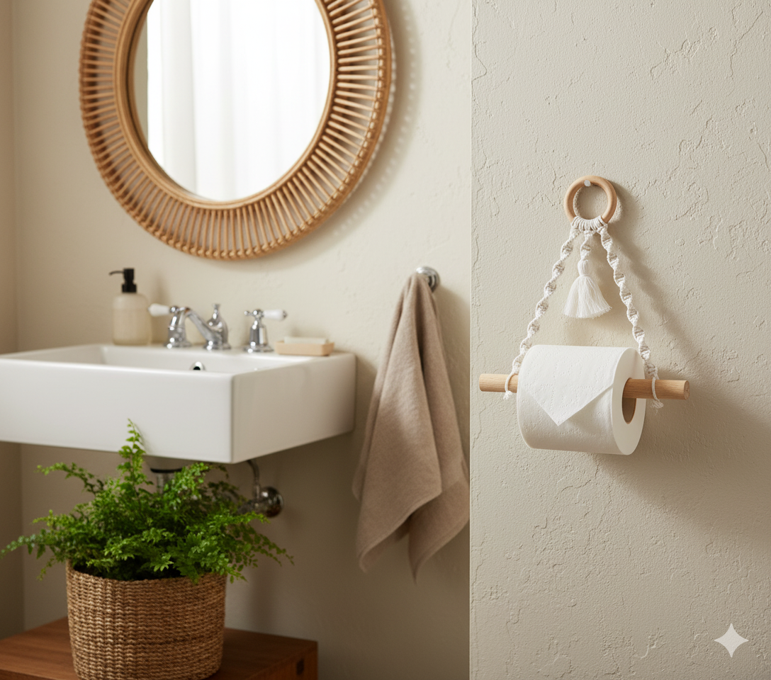 Cotton Macrame & Wood Hanging Toilet Roll Holder styled at home