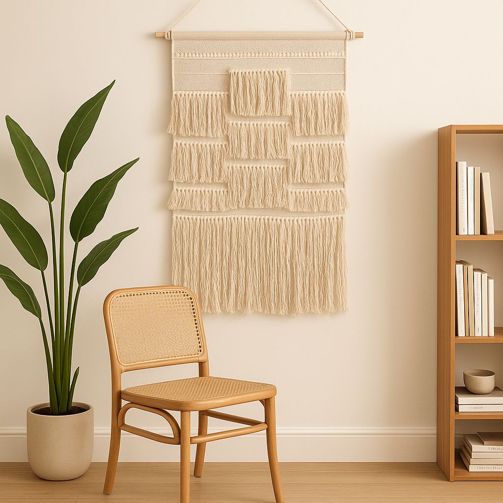 Multicoloured tassel cotton wall hanging styled in a boho corner