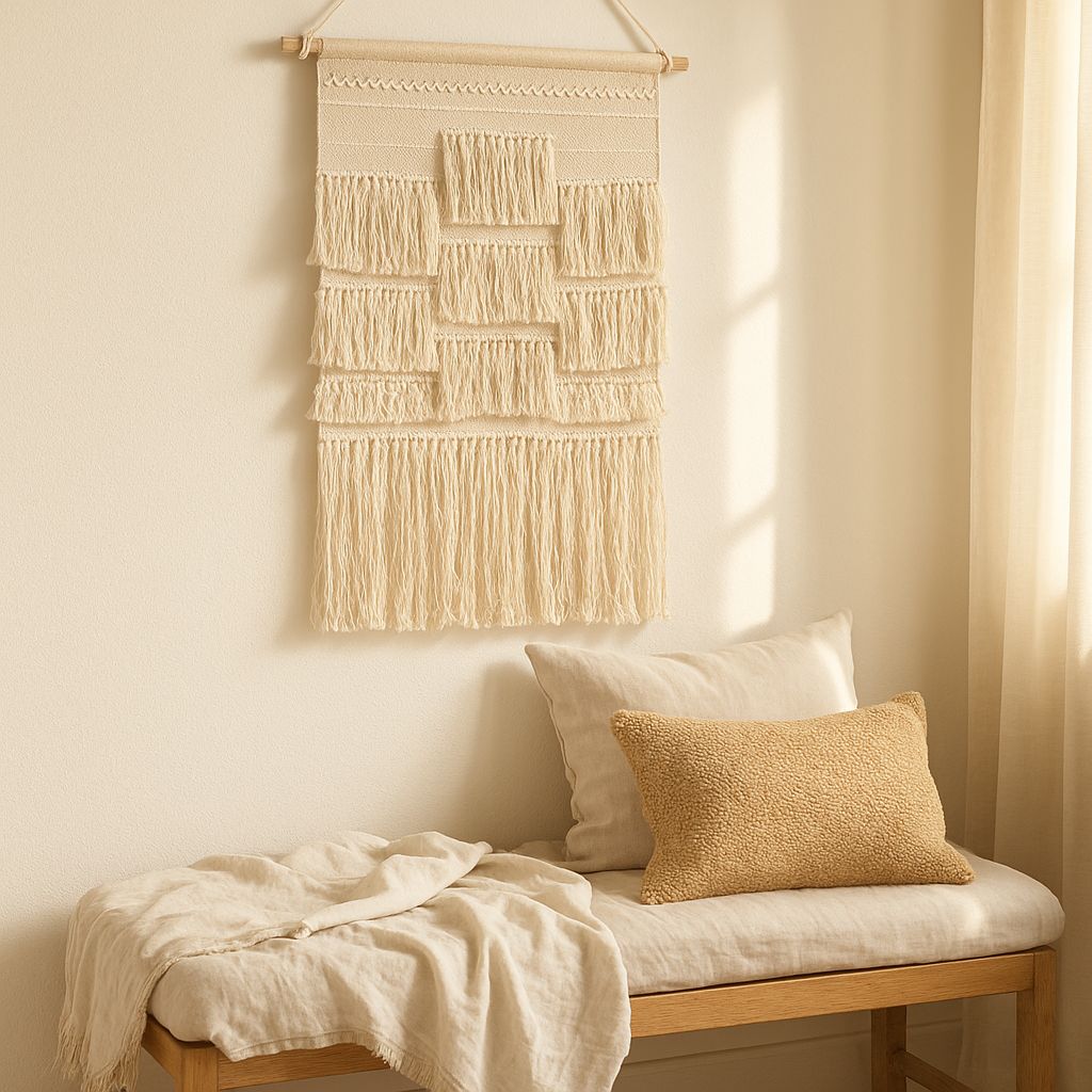 Multicoloured tassel cotton wall hanging shown over a sofa in a styled living room