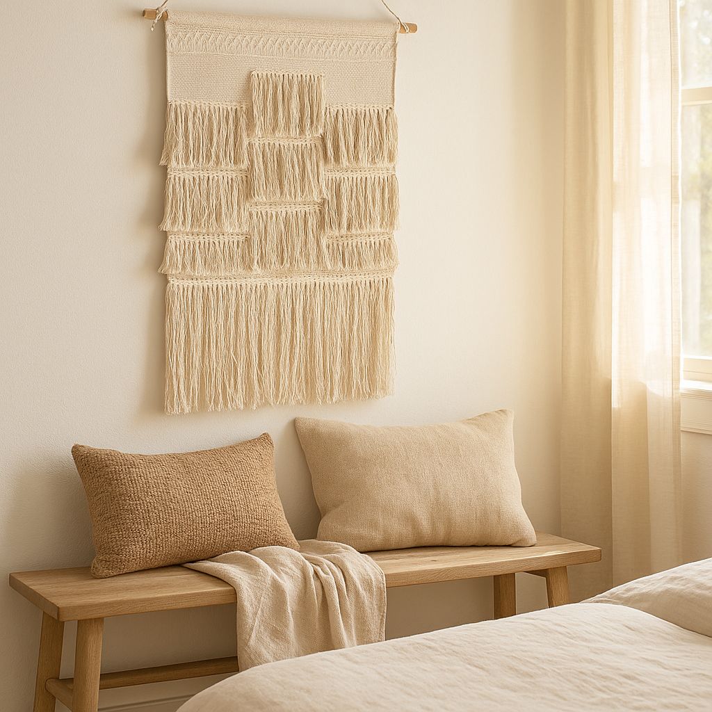 Multicoloured tassel cotton wall hanging detail of handwoven cotton body