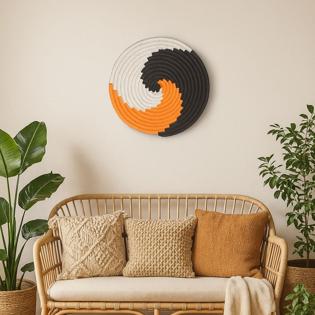 Earthy spiral wall plate close-up of spiral stitching