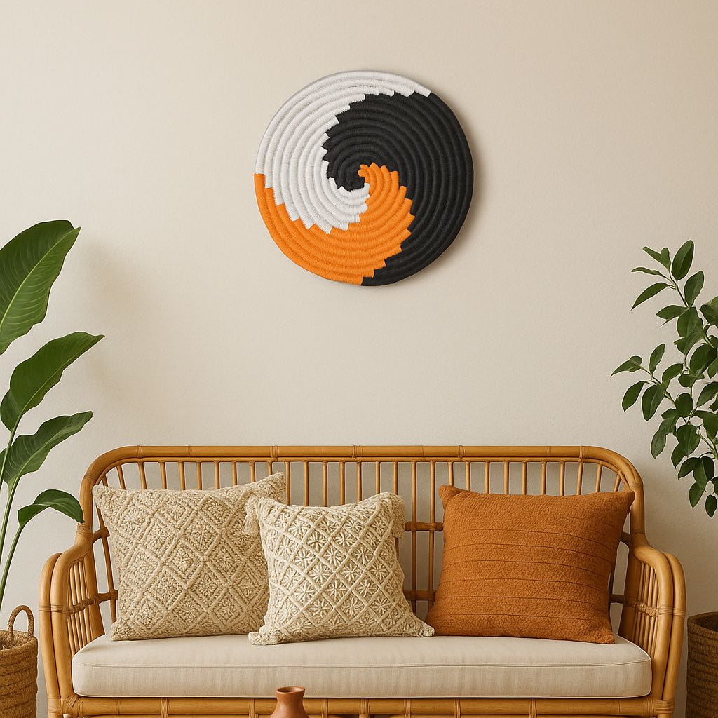 Earthy spiral wall plate styled in a rustic boho corner
