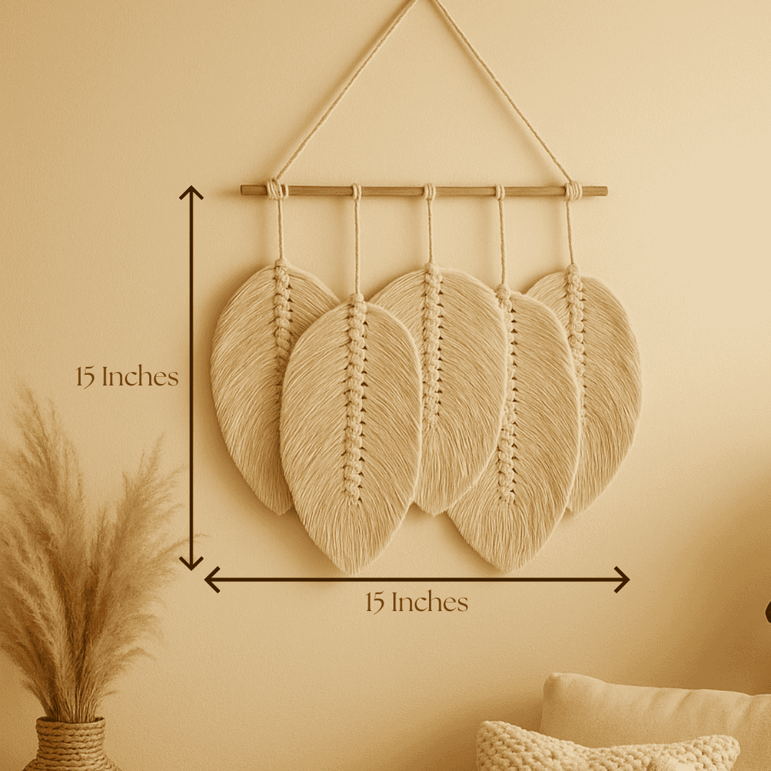 Small macrame leaf wall hanging above a console table