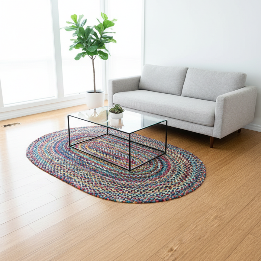 Handwoven Upcycled floor Cotton Rug side view