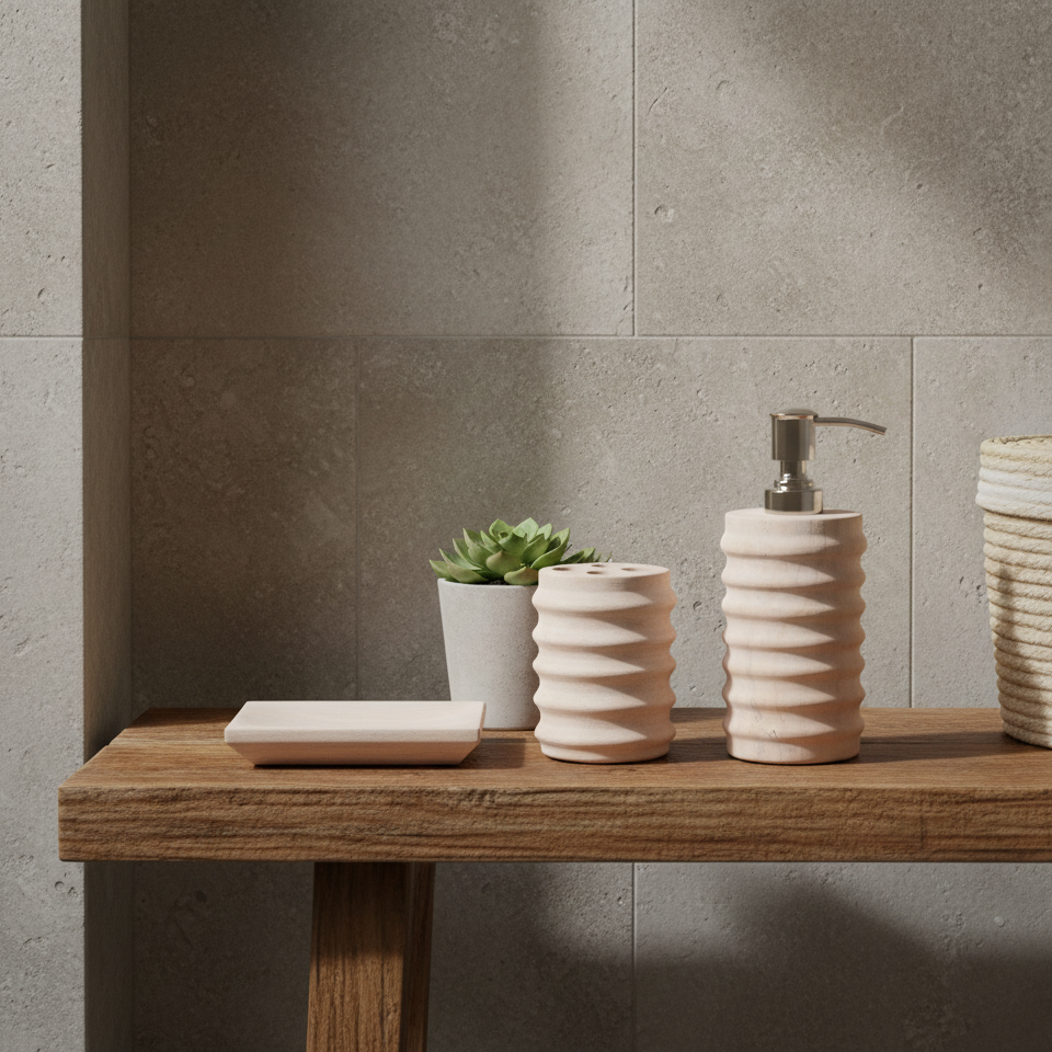 Sandstone ribbed bath accessories set product display