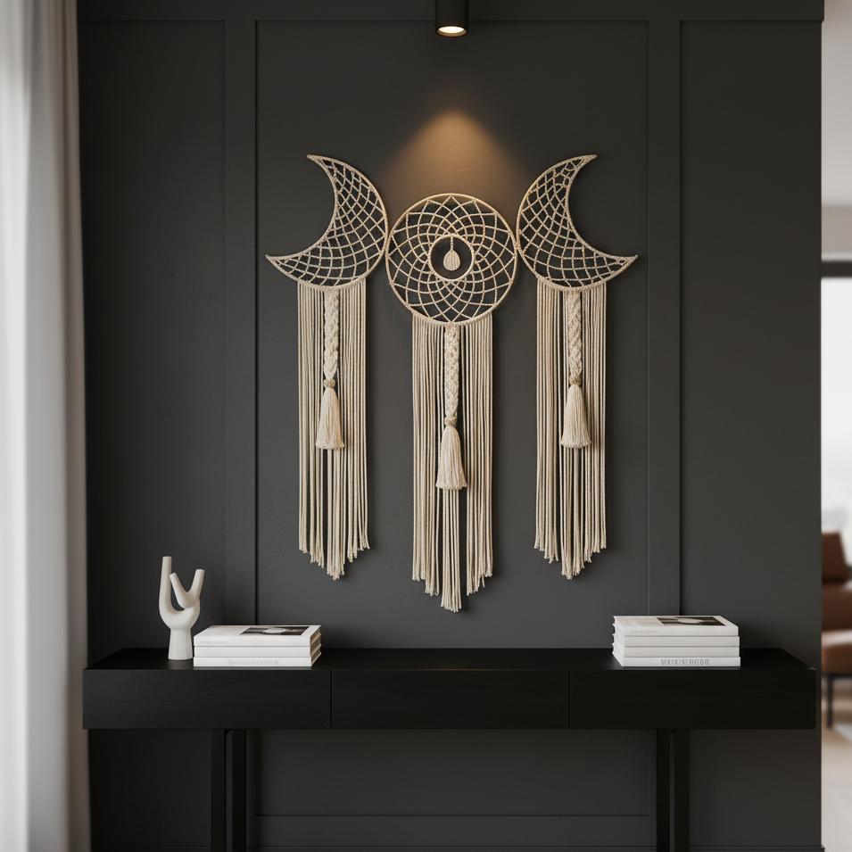 Macrame moon wall hanging in a meditation corner
