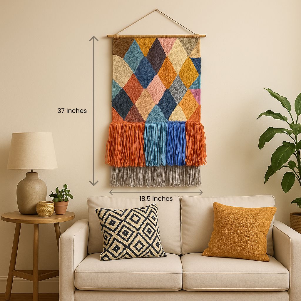 Geometric wool fringe wall hanging shown at an angle