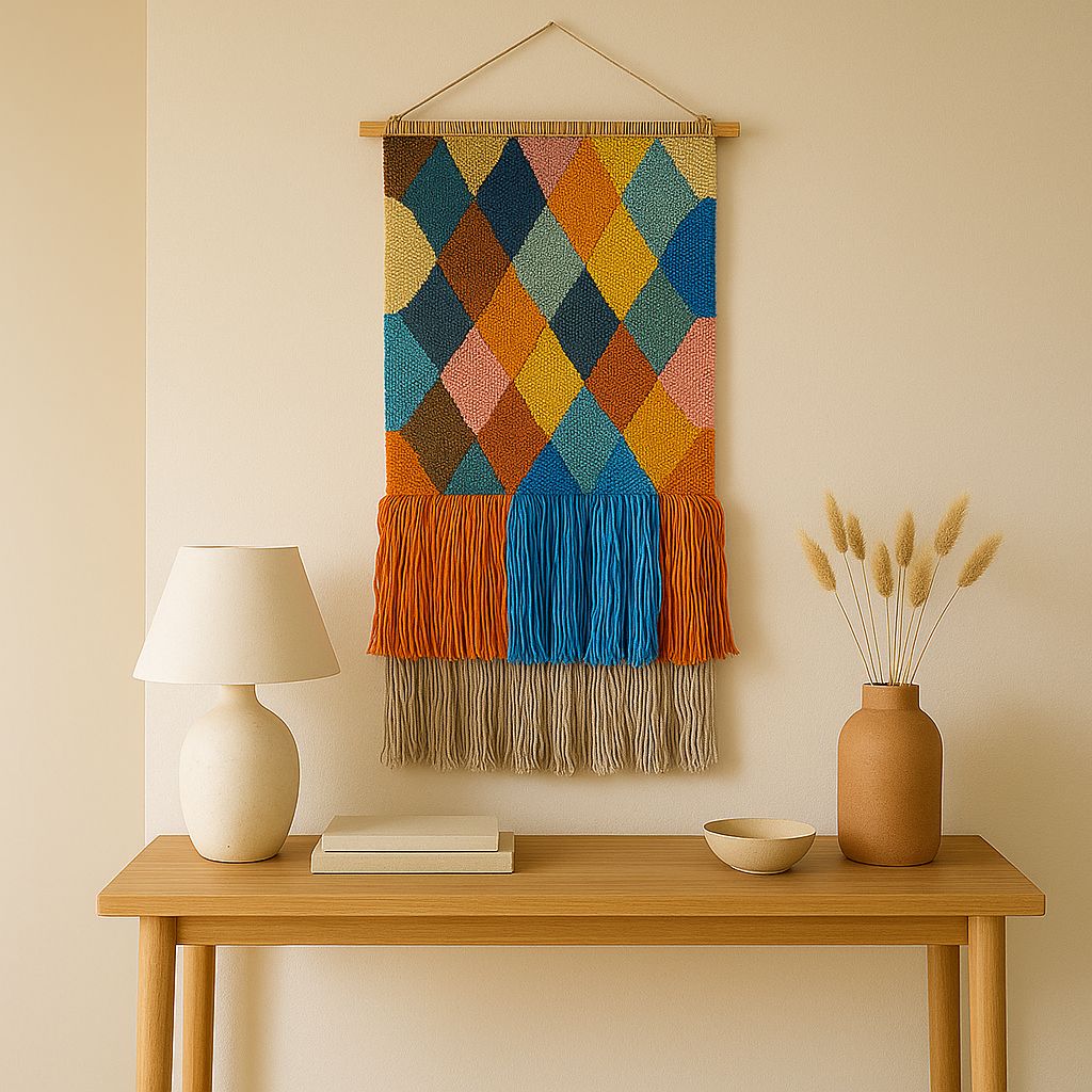 Geometric wool fringe wall hanging close-up of woven shapes