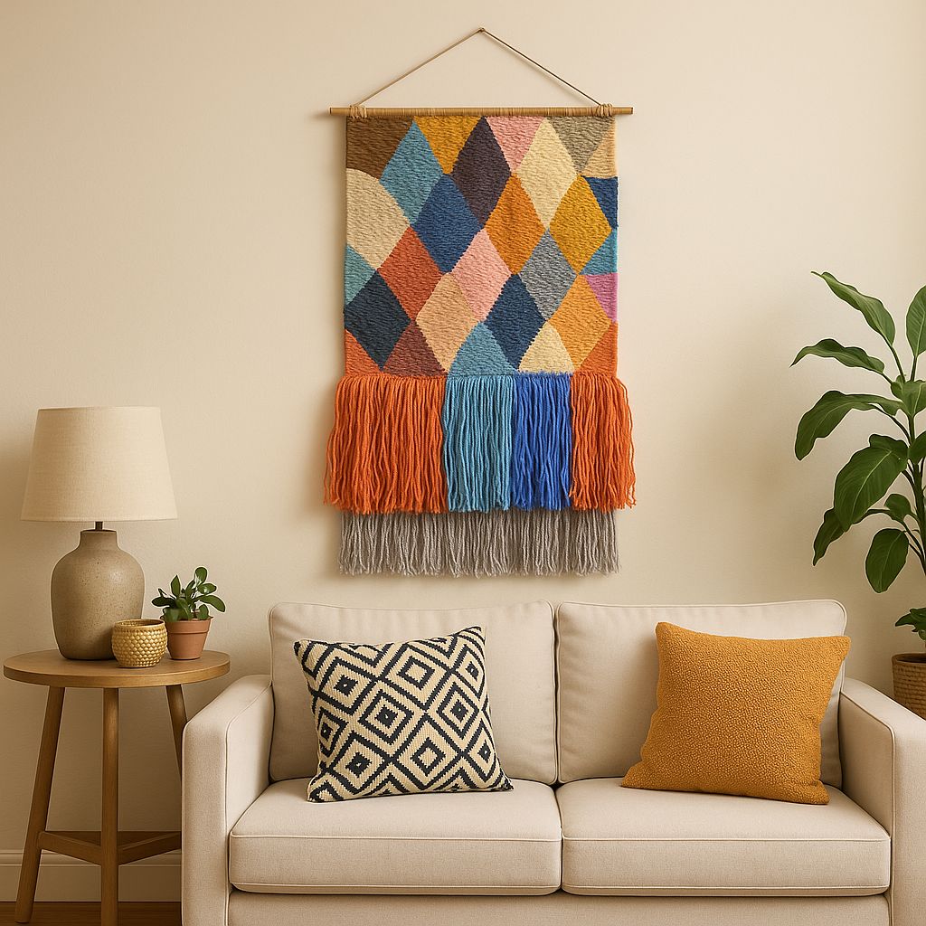 Geometric wool fringe wall hanging in a rustic boho room