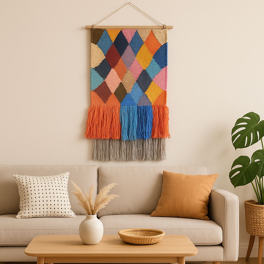Geometric wool fringe wall hanging on a plain wall