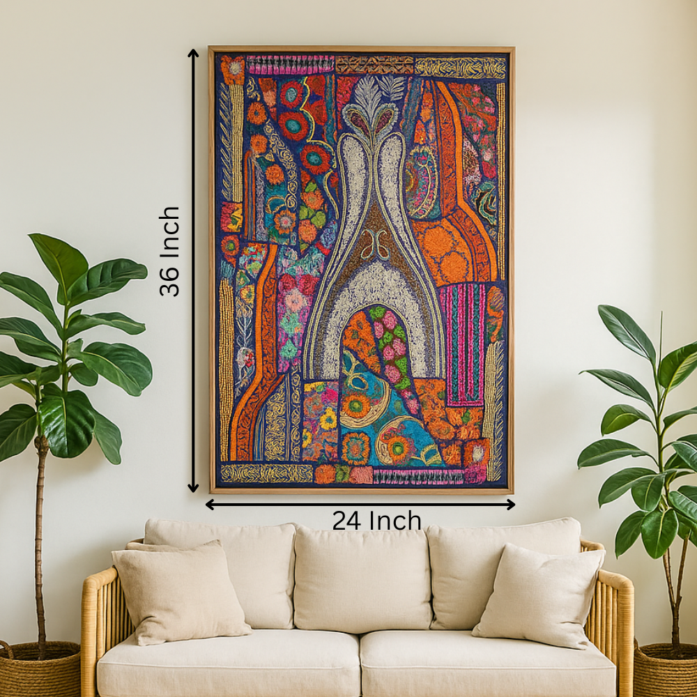 Upcycled fabric wall hanging full straight-on view of patchwork composition