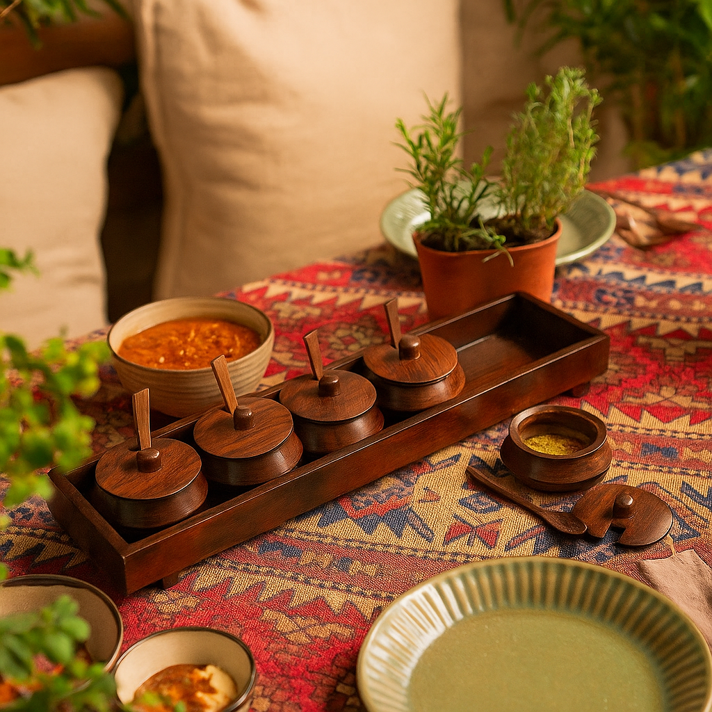 Rosewood condiment set spoon detail