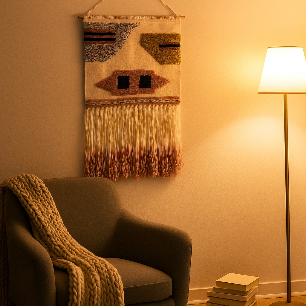 Handcrafted abstract wool wall hanging styled in a living room