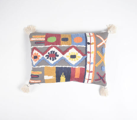 Embroidered tasseled lumbar cushion cover detail of cotton weave