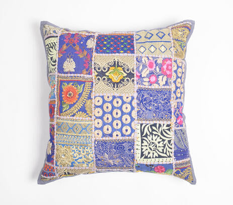 Upcycled embroidered cushion cover detail of cotton patches