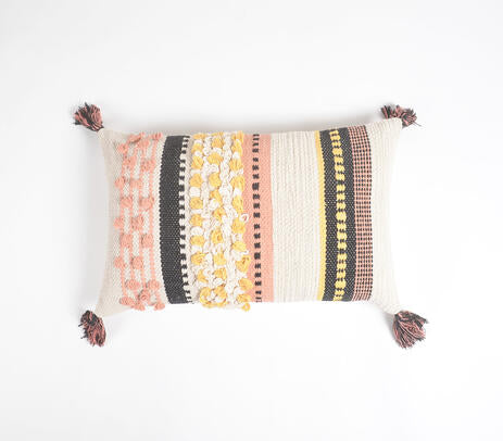Handwoven & Tufted Striped Lumbar Cushion Cover – Artisan Cotton Sofa Cushion Cover with Concealed Zip
