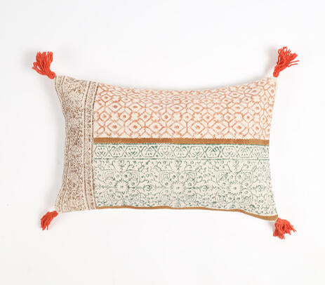 Block Printed Floral Tasseled Lumbar Cotton Cushion Cover